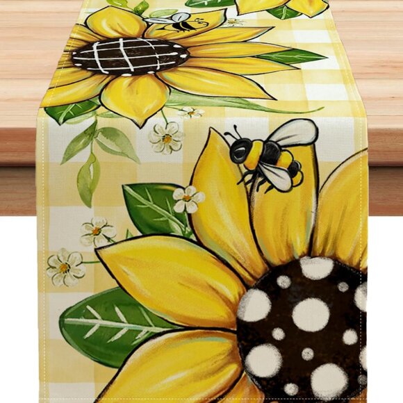 Floral Table Runner Spring Summer Plaid Bee Decor Cottage Farmhouse Cloth 13x90